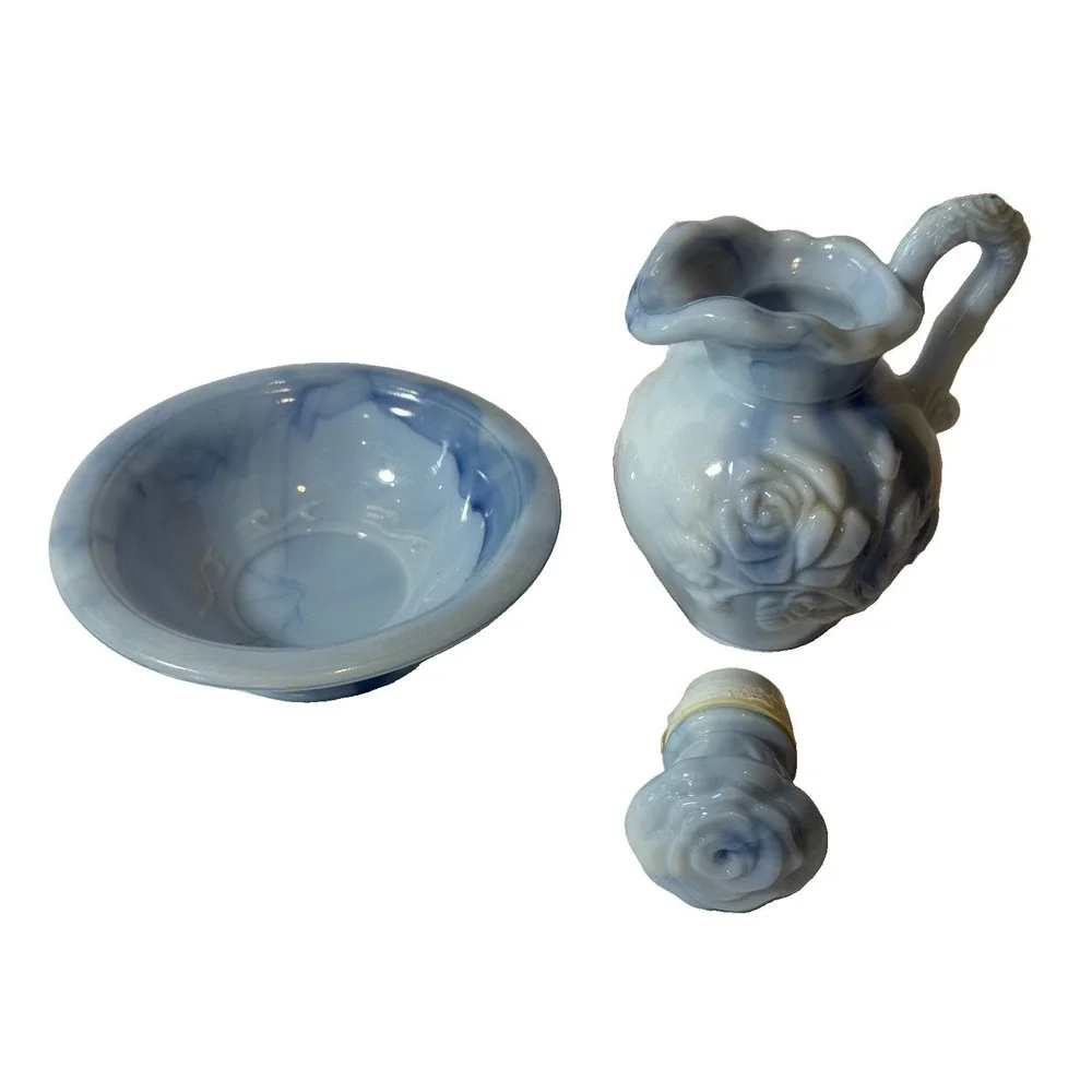 Avon Victoriana Blue Slag Glass Pitcher and Soap Dish 1978 Embossed Rose Design